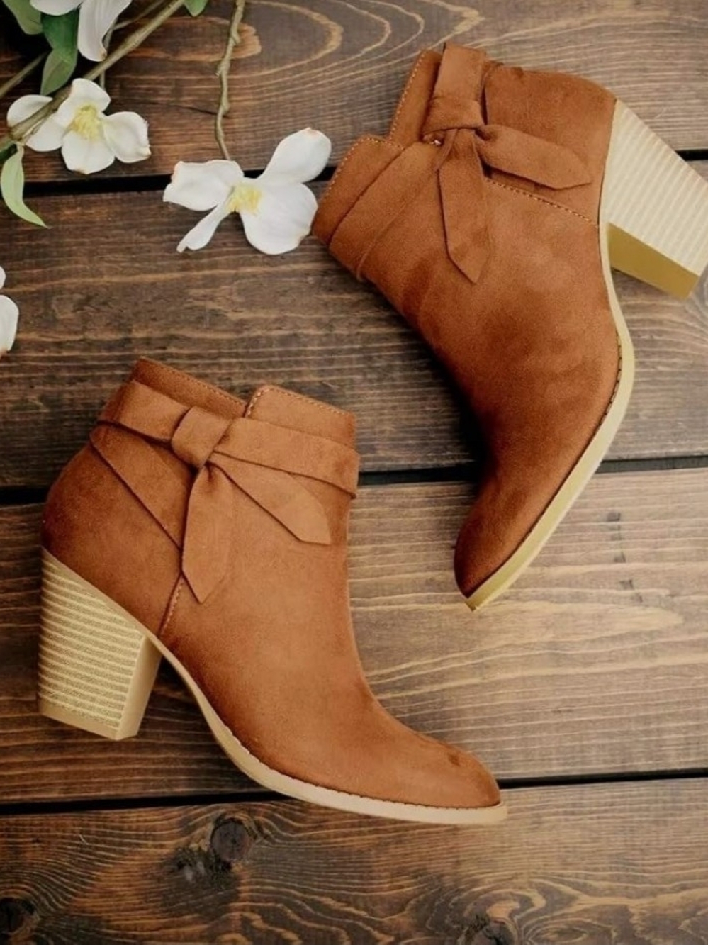 Amazon Tan Suede Bow Ankle Booties